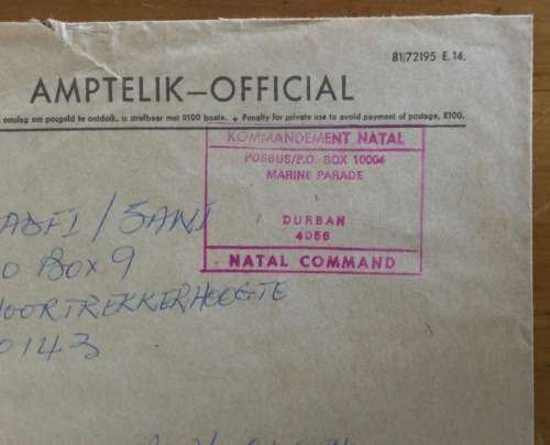 SADF OFFICIAL MAIL NATAL COMMAND KOMMANDENENT NATAL DURBAN 1984? SADFI VOORTREKKERHOOGTE SAWI