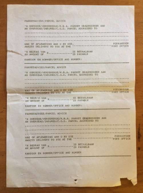 PARCEL ADVICE FORM SOUTH AFRICAN POST OFFICE OVERSEAS INSURED C.O.D. PARCEL AWAITS DELIVERY FOR YOU.