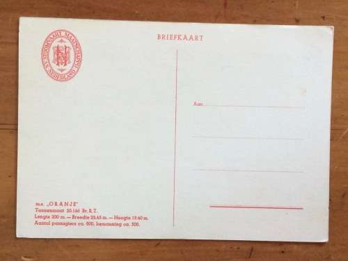 SHIP POSTCARD POST CARD STOOMVAART MAATSCHAPPIJ NETHERLANDS m.s. ORANJE STEAMSHIP CRUISE LINER