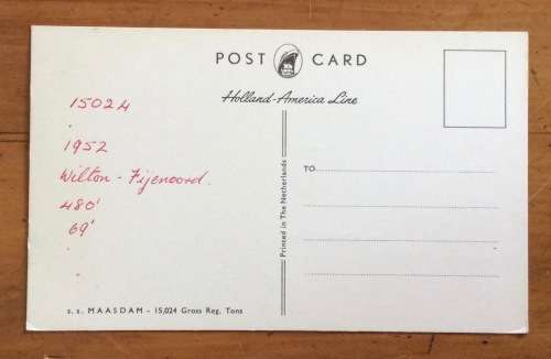 SHIP POSTCARD POST CARD S.S. MAASDAM HOLLAND-AMERICA LINE 1952 STEAMSHIP CRUISE LINER PASSENGER