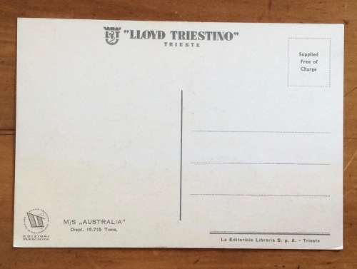 SHIP POSTCARD POST CARD M.S. AUSTRALIA LLOYD TRIESTINO TRIESTE STEAMSHIP CRUISE LINER PASSENGER
