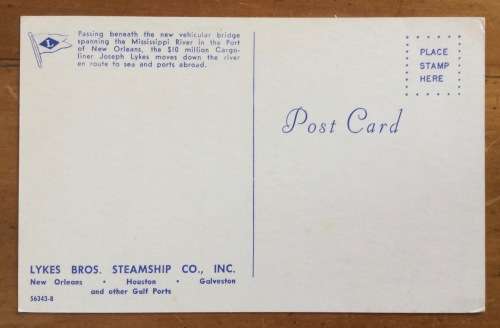 SHIP POSTCARD POST CARD JOSEPH LYKES LYKES BROS STEAMSHIP CO. NEW ORLEANS USA HOUSTON GALVESTON GULF
