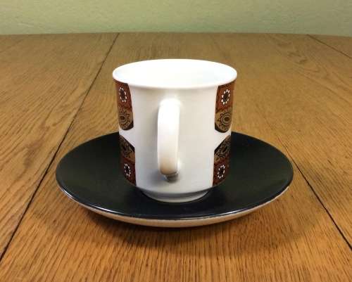 COFFEE DUO DEMITASSE J and G MEAKIN STUDIO ENGLAND MAORI PATTERN RETRO SAUCER CUP 1960`s EXPRESSO!!!