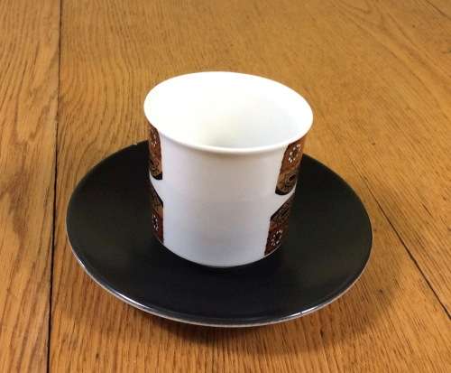 COFFEE DUO DEMITASSE J and G MEAKIN STUDIO ENGLAND MAORI PATTERN RETRO SAUCER CUP 1960`s EXPRESSO!!a