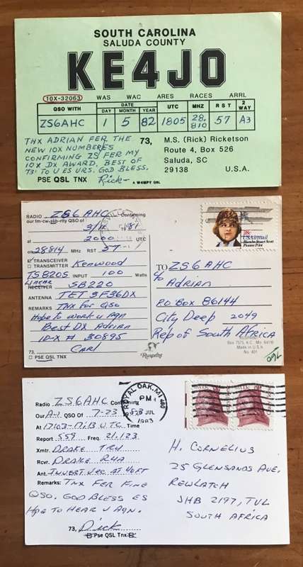 QSL RADIO HAM CARDSUSA to SOUTH AFRICA x 3 1981/82/83 Scarce Amateur Radio Aeroplane Pilot.