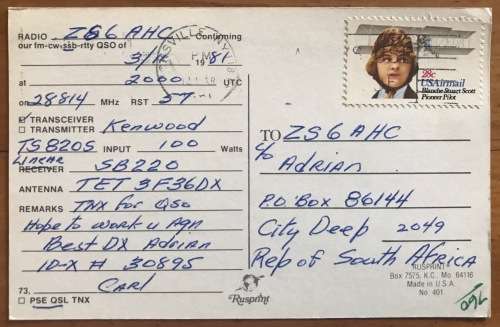 QSL RADIO HAM CARDSUSA to SOUTH AFRICA x 3 1981/82/83 Scarce Amateur Radio Aeroplane Pilot.