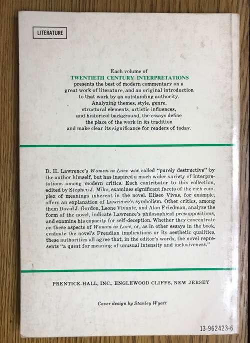 Twentieth Century Interpretations of Women in Love Edited by Stephen J. Miko 1969 D.H. Lawrence.