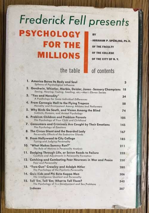 Psychology for the Millions Abraham Paul Sperling Publisher Frederick Fell USA 1947.
