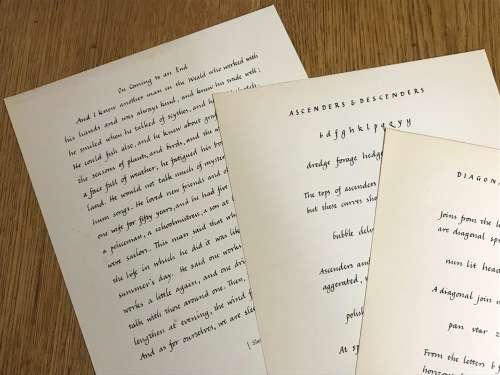 HANDWRITING SHEETS wraps x 2=PATRICK BARRY=O.S.B.=1954 + 1955=CALLIGRAPHY.