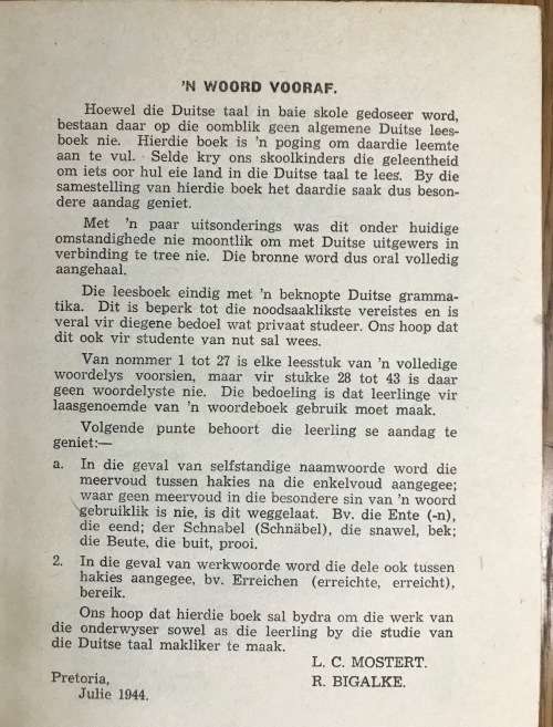 Deutsches Lesebuch für Afrikaanse Schulen Dr. Phil Mostert Dr. Phil R. Bigalke 1945.