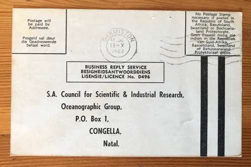 S.A. C.S.I.R. POSTCARD x 1 GERMISTON 1962 OCEANOGRAPHIC GROUP CONGELLA NATAL ISIPINGO GOLF COURSE.