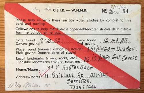 S.A. C.S.I.R. POSTCARD x 1 GERMISTON 1962 OCEANOGRAPHIC GROUP CONGELLA NATAL ISIPINGO GOLF COURSE.