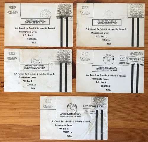 SOUTH AFRICAN C.S.I.R. POSTCARDS x 5 DURBAN 1962/3 OCEANOGRAPHIC GROUP CONGELLA NATAL SURFACE WATER