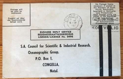 SOUTH AFRICAN C.S.I.R. POSTCARDS x 5 DURBAN 1962/3 OCEANOGRAPHIC GROUP CONGELLA NATAL SURFACE WATER