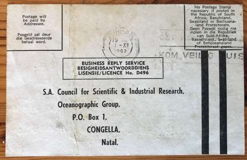 SOUTH AFRICAN C.S.I.R. POSTCARDS x 5 DURBAN 1962/3 OCEANOGRAPHIC GROUP CONGELLA NATAL SURFACE WATER