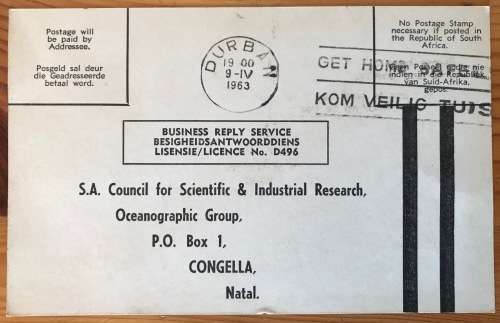 SOUTH AFRICAN C.S.I.R. POSTCARDS x 5 DURBAN 1962/3 OCEANOGRAPHIC GROUP CONGELLA NATAL SURFACE WATER