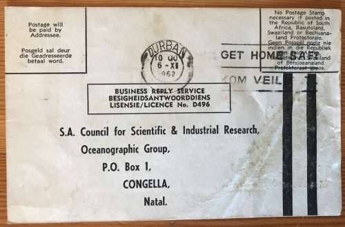SOUTH AFRICAN C.S.I.R. POSTCARDS x 5 DURBAN 1962/3 OCEANOGRAPHIC GROUP CONGELLA NATAL SURFACE WATER