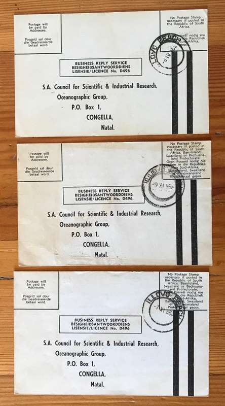 SOUTH AFRICAN C.S.I.R. POSTCARDS x 3 ILLOVO BEACH 1962/3 OCEANOGRAPHIC GROUP CONGELLA NATAL