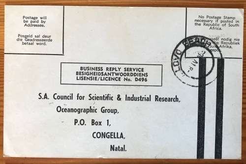 SOUTH AFRICAN C.S.I.R. POSTCARDS x 3 ILLOVO BEACH 1962/3 OCEANOGRAPHIC GROUP CONGELLA NATAL