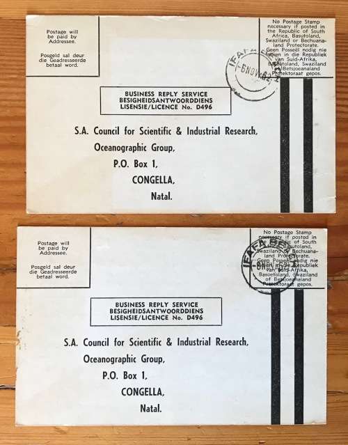 SOUTH AFRICAN C.S.I.R. POSTCARDS x 2 IFAFA BEACH 1962 OCEANOGRAPHIC GROUP CONGELLA NATAL.