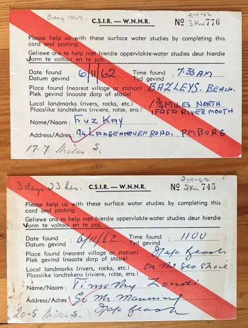 SOUTH AFRICAN C.S.I.R. POSTCARDS x 2 IFAFA BEACH 1962 OCEANOGRAPHIC GROUP CONGELLA NATAL.