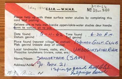 SOUTH AFRICAN C.S.I.R. POSTCARD x 1 ISISPINGO BEACH 1962 OCEANOGRAPHIC GROUP CONGELLA NATAL.