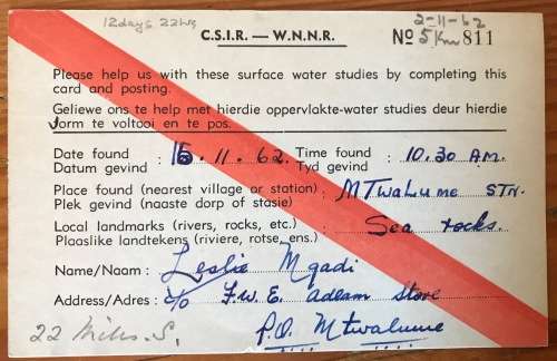 SOUTH AFRICAN C.S.I.R. POSTCARD x 1 MTwalume Station 1962 OCEANOGRAPHIC GROUP CONGELLA NATAL.