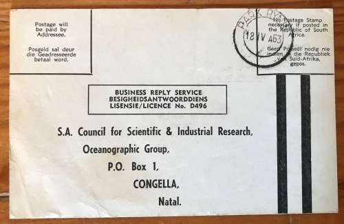 SOUTH AFRICAN C.S.I.R. POSTCARD x 1 PARK RYAN 1963 OCEANOGRAPHIC GROUP CONGELLA NATAL.