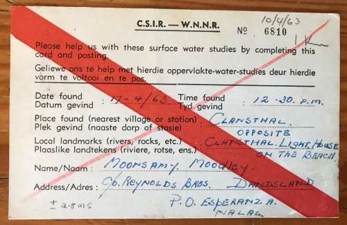 SOUTH AFRICAN C.S.I.R. POSTCARD x 1 PARK RYAN 1963 OCEANOGRAPHIC GROUP CONGELLA NATAL.