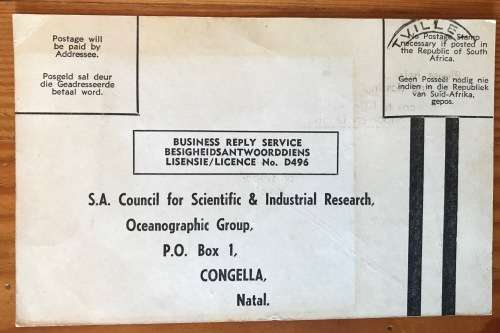 SOUTH AFRICAN C.S.I.R. POSTCARD x 1 GROUTVILLE 1963 OCEANOGRAPHIC GROUP CONGELLA NATAL.
