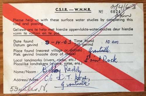 SOUTH AFRICAN C.S.I.R. POSTCARD x 1 GROUTVILLE 1963 OCEANOGRAPHIC GROUP CONGELLA NATAL.