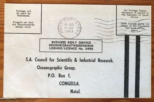 SOUTH AFRICAN C.S.I.R. POSTCARD x 1 PORT SHEPSTONE 1963 OCEANOGRAPHIC GROUP CONGELLA NATAL.