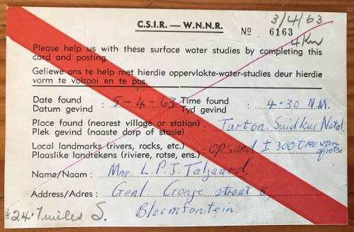 SOUTH AFRICAN C.S.I.R. POSTCARD x 1 PORT SHEPSTONE 1963 OCEANOGRAPHIC GROUP CONGELLA NATAL.