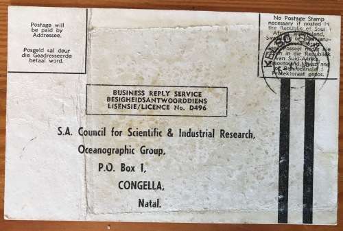 SOUTH AFRICAN C.S.I.R. POSTCARDS x 1 KELSO STATION 1962 OCEANOGRAPHIC GROUP CONGELLA NATAL.