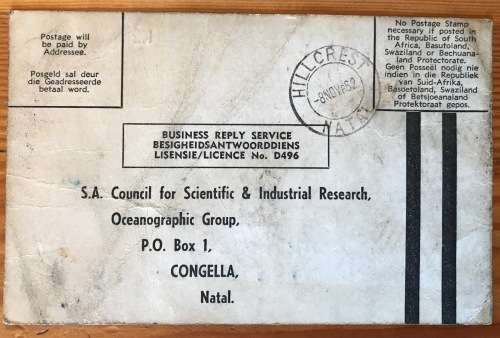 SOUTH AFRICAN C.S.I.R. POSTCARD x 1 HILLCREST 1962 OCEANOGRAPHIC GROUP CONGELLA NATAL.