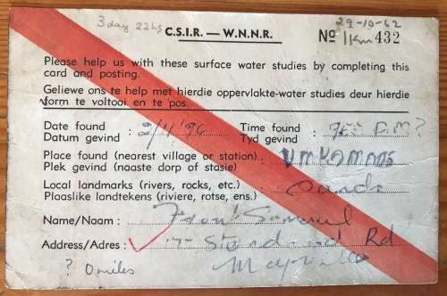 SOUTH AFRICAN C.S.I.R. POSTCARD x 1 HILLCREST 1962 OCEANOGRAPHIC GROUP CONGELLA NATAL.