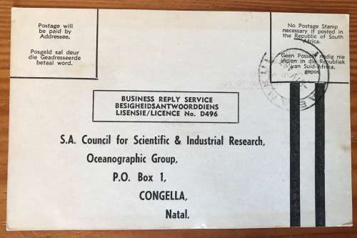 SOUTH AFRICAN C.S.I.R. POSTCARD x 1 TABANKULU 1963 OCEANOGRAPHIC GROUP CONGELLA NATAL.