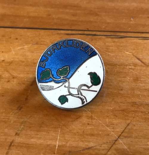 BADGE BROOCH BJORKLIDEN SWEDEN ENAMELLED SKIING.