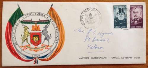 UNION of SOUTH AFRICA 21 OCTOBER 1955 OFFICIAL COVER EUFEES CENTENARY of PRETORIA KRUGER PRETORIUS c