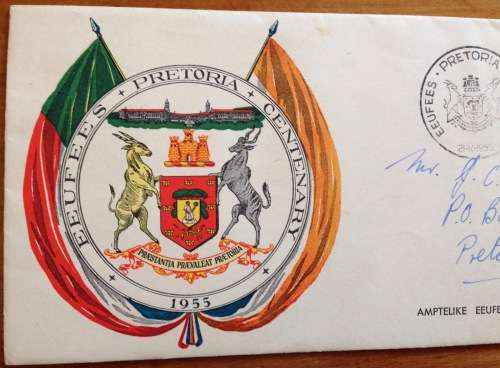 UNION of SOUTH AFRICA 21 OCTOBER 1955 OFFICIAL COVER EUFEES CENTENARY of PRETORIA KRUGER PRETORIUS c