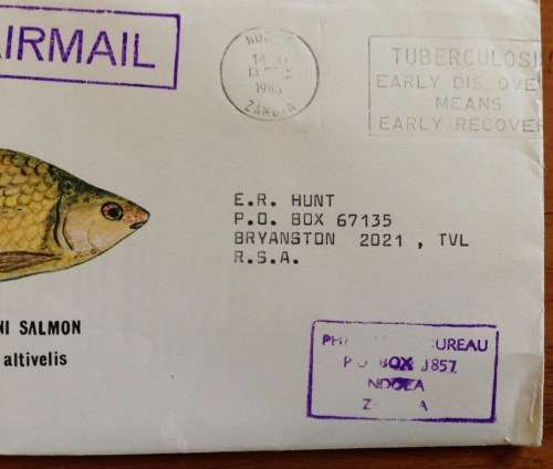 ZAMBIA FDC 1985 HUNYANI SALMON LABEO ALTIVELIS AIRMAIL PHILATELIC BUREAU NDOLA FISH AQUATIC ZAMBEZI.