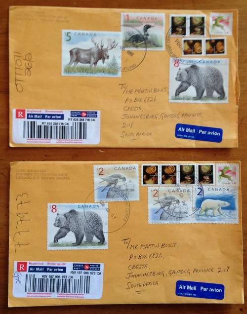 CANADA 2 x AIRMAIL LETTERS CASTLEWOOD to JOHANNESBURG MOOSE POLAR GRIZZLY BEAR FALCON LOON BIRD 2008