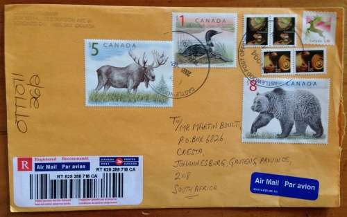 CANADA 2 x AIRMAIL LETTERS CASTLEWOOD to JOHANNESBURG MOOSE POLAR GRIZZLY BEAR FALCON LOON BIRD 2008