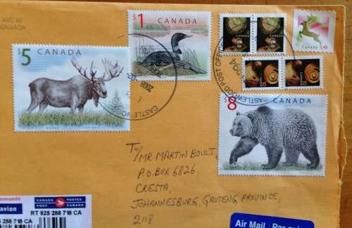 CANADA 2 x AIRMAIL LETTERS CASTLEWOOD to JOHANNESBURG MOOSE POLAR GRIZZLY BEAR FALCON LOON BIRD 2008