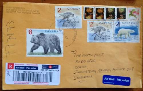 CANADA 2 x AIRMAIL LETTERS CASTLEWOOD to JOHANNESBURG MOOSE POLAR GRIZZLY BEAR FALCON LOON BIRD 2008