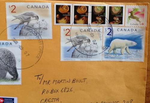 CANADA 2 x AIRMAIL LETTERS CASTLEWOOD to JOHANNESBURG MOOSE POLAR GRIZZLY BEAR FALCON LOON BIRD 2008