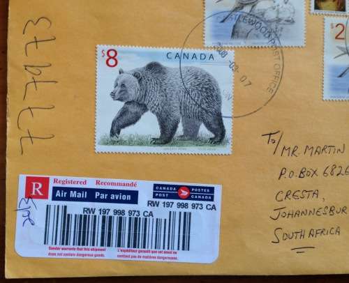 CANADA 2 x AIRMAIL LETTERS CASTLEWOOD to JOHANNESBURG MOOSE POLAR GRIZZLY BEAR FALCON LOON BIRD 2008