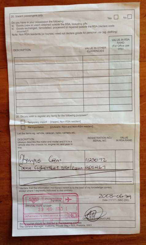 SOUTH AFRICAN REVENUE SERVICES SARS CUSTOMS DECLARATION FORM JOHANNESBURG INTERNATIONAL AIRPORT 2003