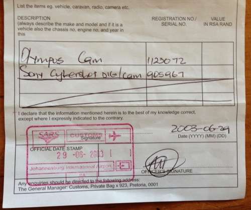 SOUTH AFRICAN REVENUE SERVICES SARS CUSTOMS DECLARATION FORM JOHANNESBURG INTERNATIONAL AIRPORT 2003