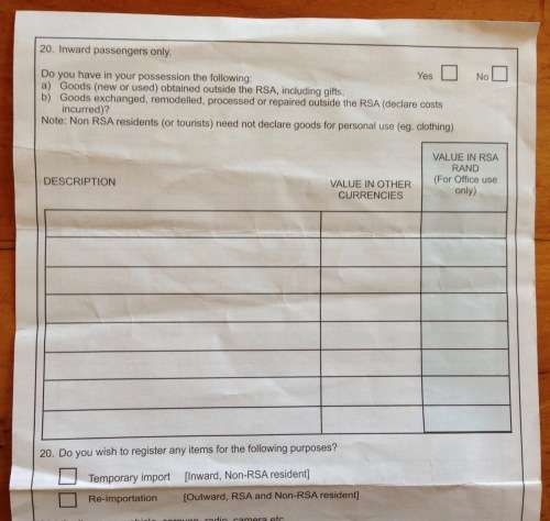 SOUTH AFRICAN REVENUE SERVICES SARS CUSTOMS DECLARATION FORM JOHANNESBURG INTERNATIONAL AIRPORT 2003